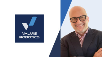 A headshot of Eric Wiideman in a suit smiling alongside the logo for his company, Valmis Robotics