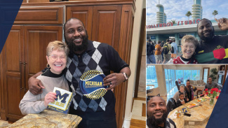 A collage of Lionel and Lisa together. Image 1: the two are smiling holding up Michigan branded plates and napkins in a kitchen. Image 2: The two are standing at the gate to Walt Disney World. Image 3: The two are enjoying a meal with family in a kitchen