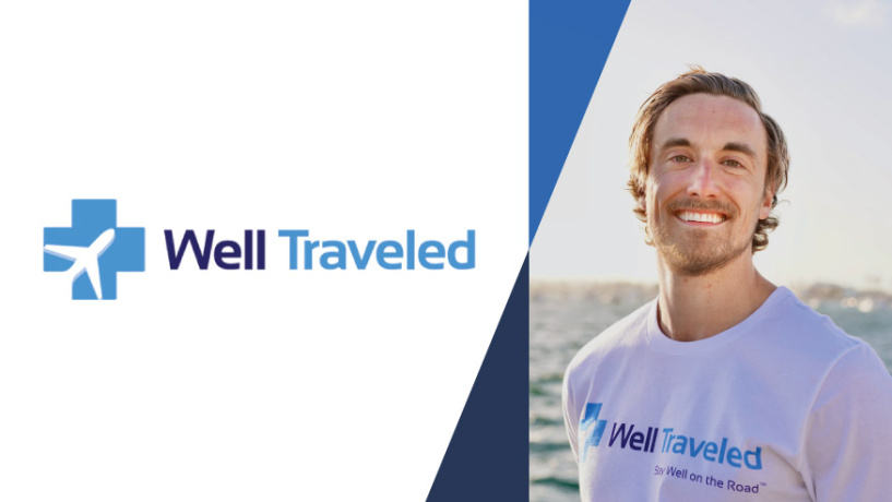 Patrick Firlik smiles in front of a backhround of water, displayed alongside the logo for his company, Well Traveled