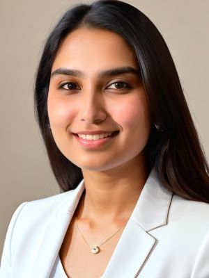 A woman with long dark brown hair smiles, wearing a white blazer and shirt and standing in front of a tan background