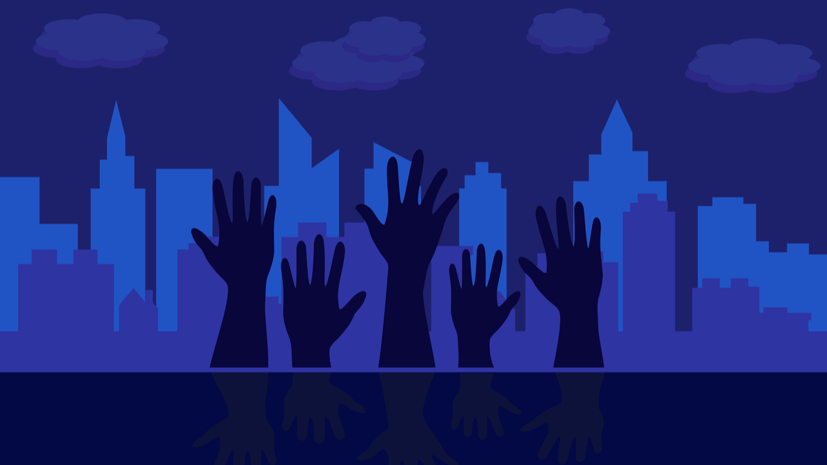 Illustration of Black Lives Matter arms and cityscape
