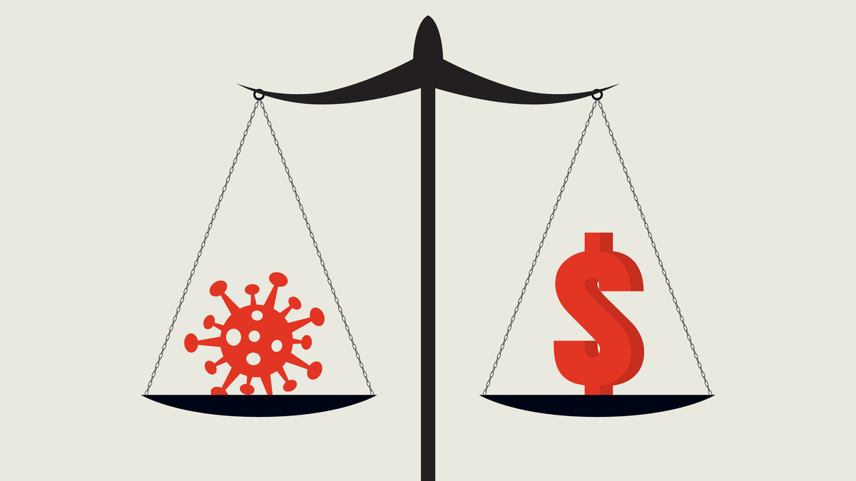 Illustration of scale with virus and dollar sign