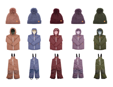 Children's outdoor wear including coats, hats, and snowpants