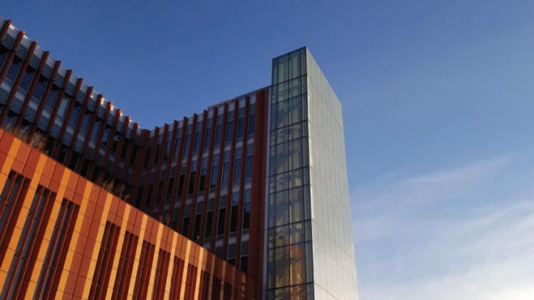 An image of the exterior of the Ross building, set against a blue sky at either sunrise or sunset