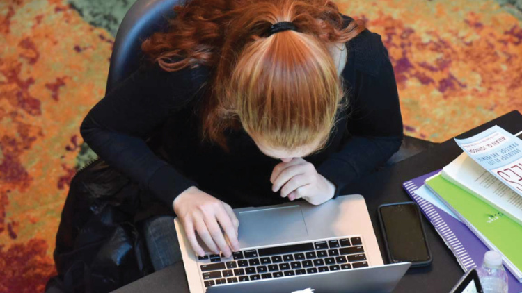 A woman sitting at a laptop computer in the Winter Garden, looking at the screen