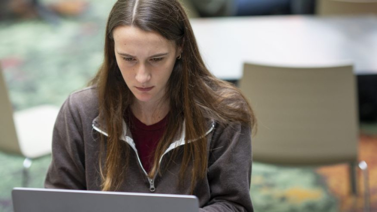 woman sitting at a laptop computer. she has long dark straight hair and is wearing a brown sweatshirt. 