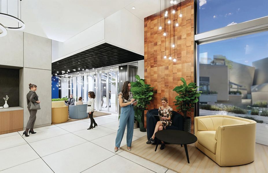 Modern office lobby with people conversing. Features include large windows, hanging lights, wooden accent wall, and cozy seating with a chic ambiance.