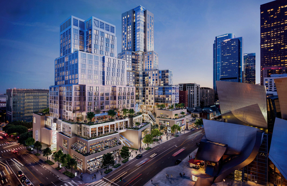 A modern cityscape at dusk featuring a complex of geometric skyscrapers with lit windows. Streets below are animated with traffic and people, evoking a lively urban atmosphere.