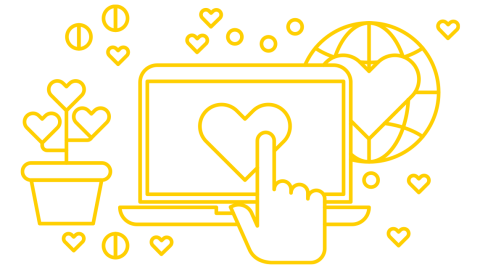 Illustration of a hand clicking a heart icon on a laptop, symbolizing online support or social impact.