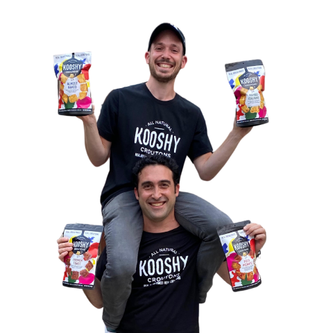 Jon and Matt Wachsman holding their crouton product