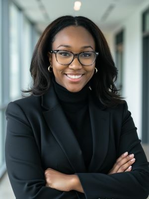 Person in professional attire smiling with arms crossed in a modern office hallway.