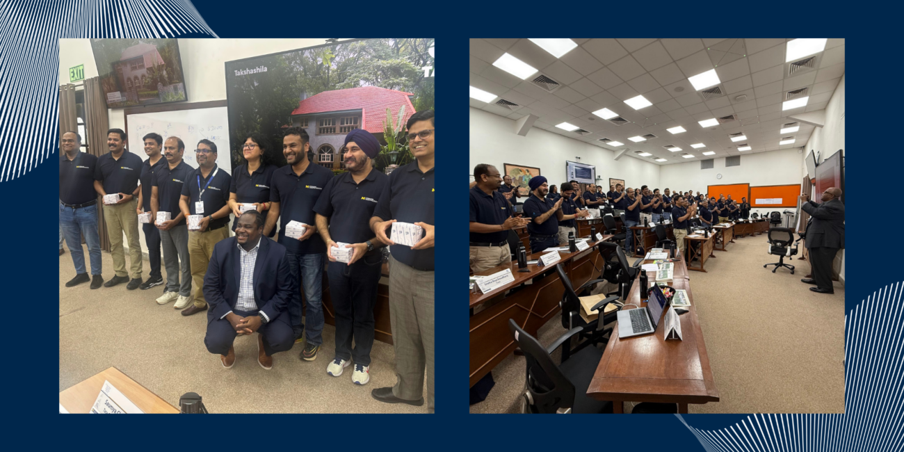 Two photos showing an executive education program in session. On the left, a group of participants stand together indoors holding certificates or materials, smiling for a group photo. On the right, a classroom scene shows participants standing and applauding a speaker at the front of the room, with desks, laptops, and notebooks visible.