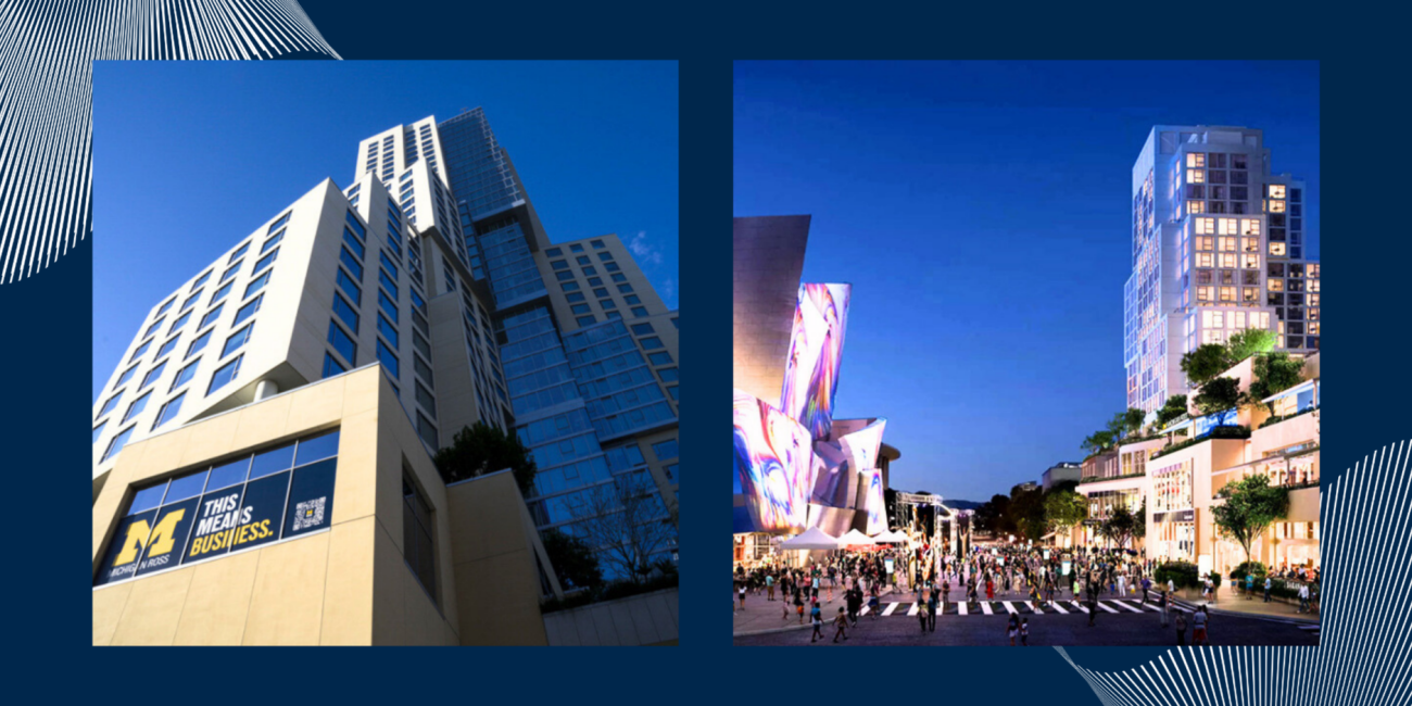 Two cityscape images highlighting Michigan Ross locations. On the left, a modern high-rise building with a University of Michigan Ross sign reading “This Means Business” under a clear blue sky. On the right, a vibrant evening street scene at The Grand LA, with illuminated architecture, crowds of people, and surrounding buildings lit against the night sky.