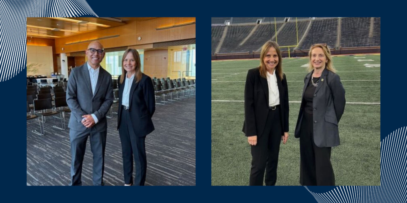 Two photos featuring the same woman alongside different colleagues. On the left, she stands with a man in business attire inside a modern conference space with rows of chairs. On the right, she stands with another woman on a football field inside a stadium. Both scenes show professional settings associated with University of Michigan–related environments.
