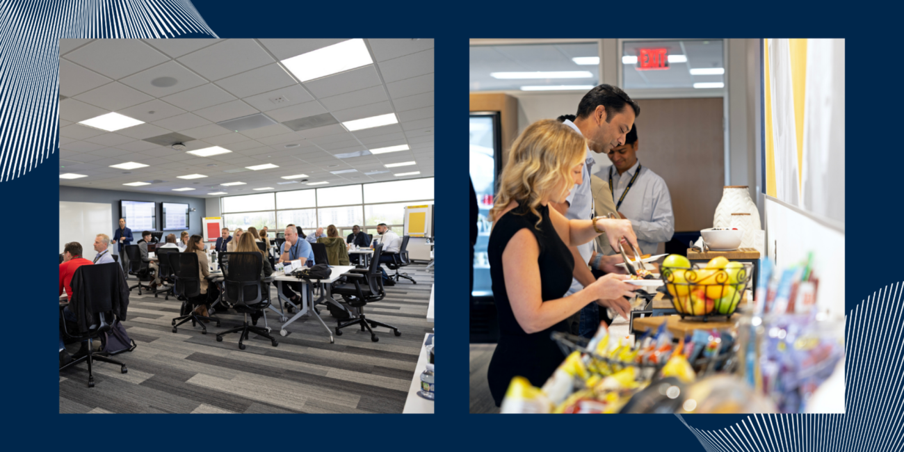 Two photos from an executive education program. On the left, participants sit at tables in a modern classroom, engaged in group discussion with screens and materials visible. On the right, participants gather at a refreshment station, selecting food and snacks in a casual break setting.