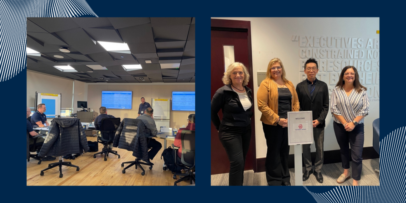 Two photos from an executive education program. On the left, participants sit in a classroom while an instructor presents at the front with slides displayed on screens. On the right, a small group poses indoors beside a welcome sign, smiling for a group photo in a professional setting.