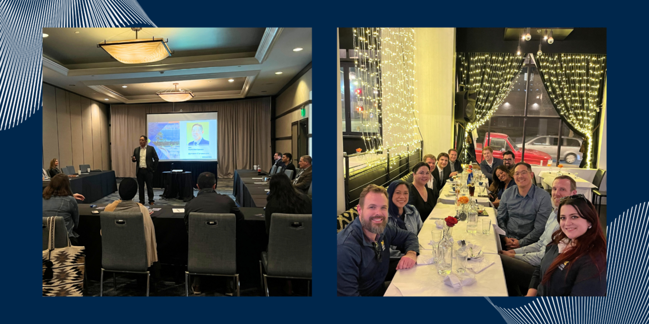 Two photos highlighting executive education events. On the left, a speaker presents to a seated group in a conference room with a presentation slide displayed on a screen. On the right, program participants gather around a long dining table at a group dinner, smiling in a warmly lit restaurant setting.