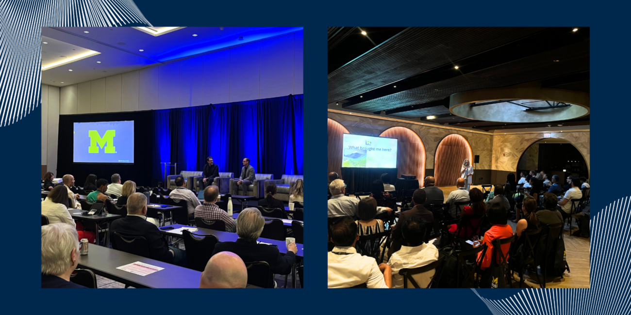 Two photos from Michigan Ross Executive Education events. On the left, attendees sit at tables facing a stage with speakers in conversation beneath a screen displaying the University of Michigan “M” logo. On the right, a speaker presents to an audience in a modern event space, with a presentation slide visible and attendees seated and listening attentively.