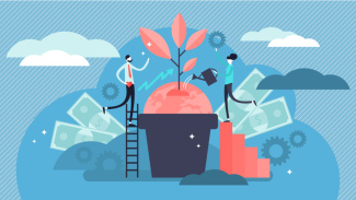 Illustration of corporate social responsibility showing business people raising a flower