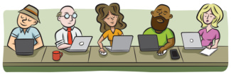 Illustration of people on laptops in coworking space