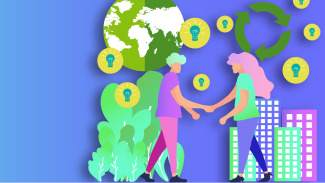 Illustration of people shaking hands with business and environmental imagery