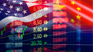 Photo illustration with U.S. and China flags, stock ticker