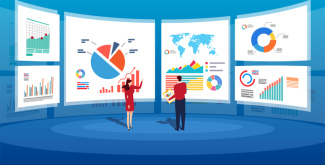 Illustration of business people in front of screens full of charts and graphs