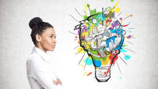 Photo illustration of professional woman thinking with light bulb