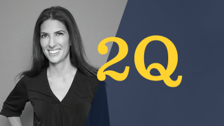A woman in a black and white portrait with the 20 Questions logo beside her