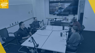 students at the Ross School of Business record a podcast