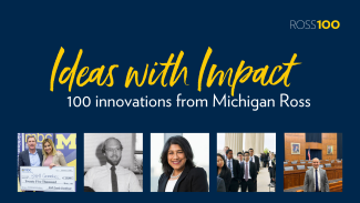 A collage of photos of professors and events on a blue background with yellow text that reads "Ideas with Impact" followed by white text that reads "100 innovations from Michigan Ross"