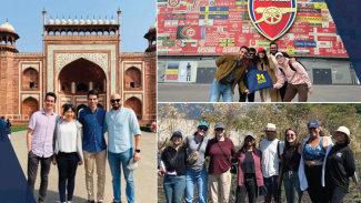 A collage of photos showing students on 3 different MAP trips, outside of the Taj Mahal, outside a futbol stadium, and in the outdoors near a volcano