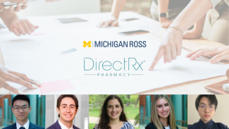 A picture of people working on a group project with the logos for Ross and DirectRx overlayed on the image. At the bottom, the headshots of the MBAn team members are displayed in a row