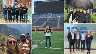 A collage of photos of the student and friends in the Ross building, at Michigan Stadium, and on a Trek.