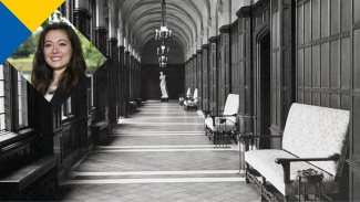 Professor Francesca Truffa against a background of a university hallway in the 1950s