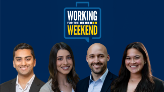 working for the weekend logo with student hosts' headshots 