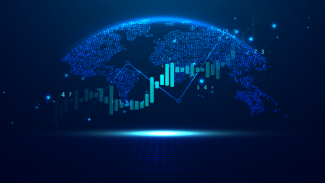 Abstract infographic visualization. Financial chart with uptrend line graphs and candlesticks.
