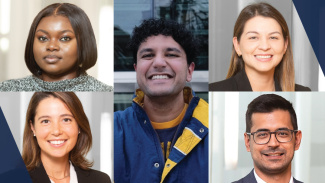 A collage of five professional student headshots
