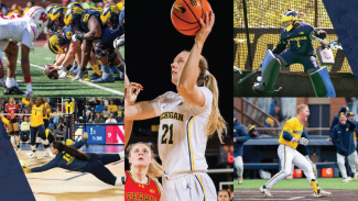 A collage of various college athletes playing their sports, action shots.