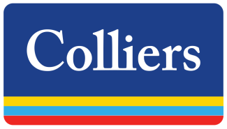 Colliers logo with white text on a blue background above yellow, red, and blue stripes.