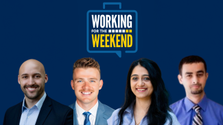 Four professionally dressed people stand below a "WORKING FOR THE WEEKEND" podcast logo.