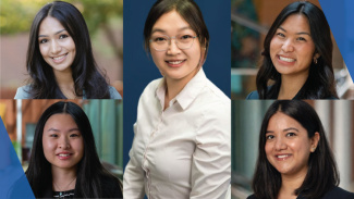 Five women smiling, posed in a collage with professional backgrounds.