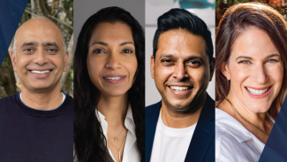 Four people smiling in a collage, suggesting a diverse professional group or team.