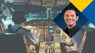 Airplane cockpit with two pilots; inset shows a smiling man in business attire.