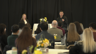 Dean Sharon F. Matusik with Guest Speaker Matt Baer
