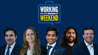 Five professionally dressed students stand below a "Working for the Weekend" podcast logo.