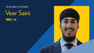 Text reads: FEATURED STUDENT Veer Saini BBA '29. A man smiles on a background of abstract shapes that are blue and yellow