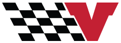 Stylized red letter V next to a black and white checkered flag pattern.