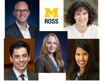 Collage of five professional headshots surrounding the University of Michigan Ross logo, announcing 2026 faculty promotions.