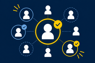 Illustration of decision-making roles shown as connected person icons on a dark blue background. A central figure is highlighted with a yellow circle and checkmark, while surrounding figures are connected with dotted lines and outlined in yellow or light blue, representing responsibility, accountability, and organizational decision rights.